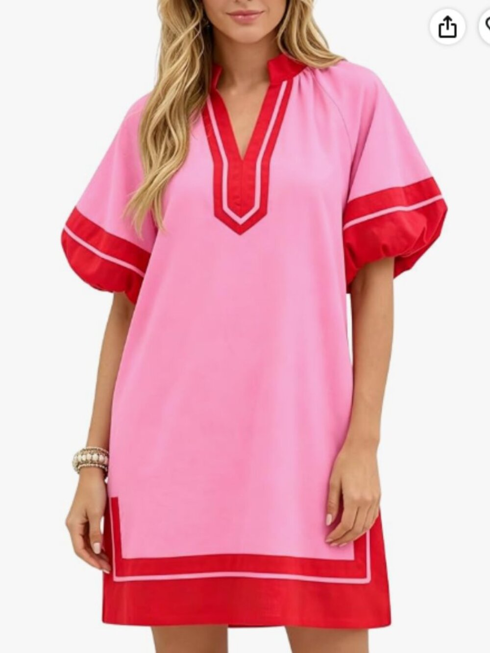 Women's Color Block Pullover Dress V-Neck Puff Sleeve Dress Mini Shirt Dress wit